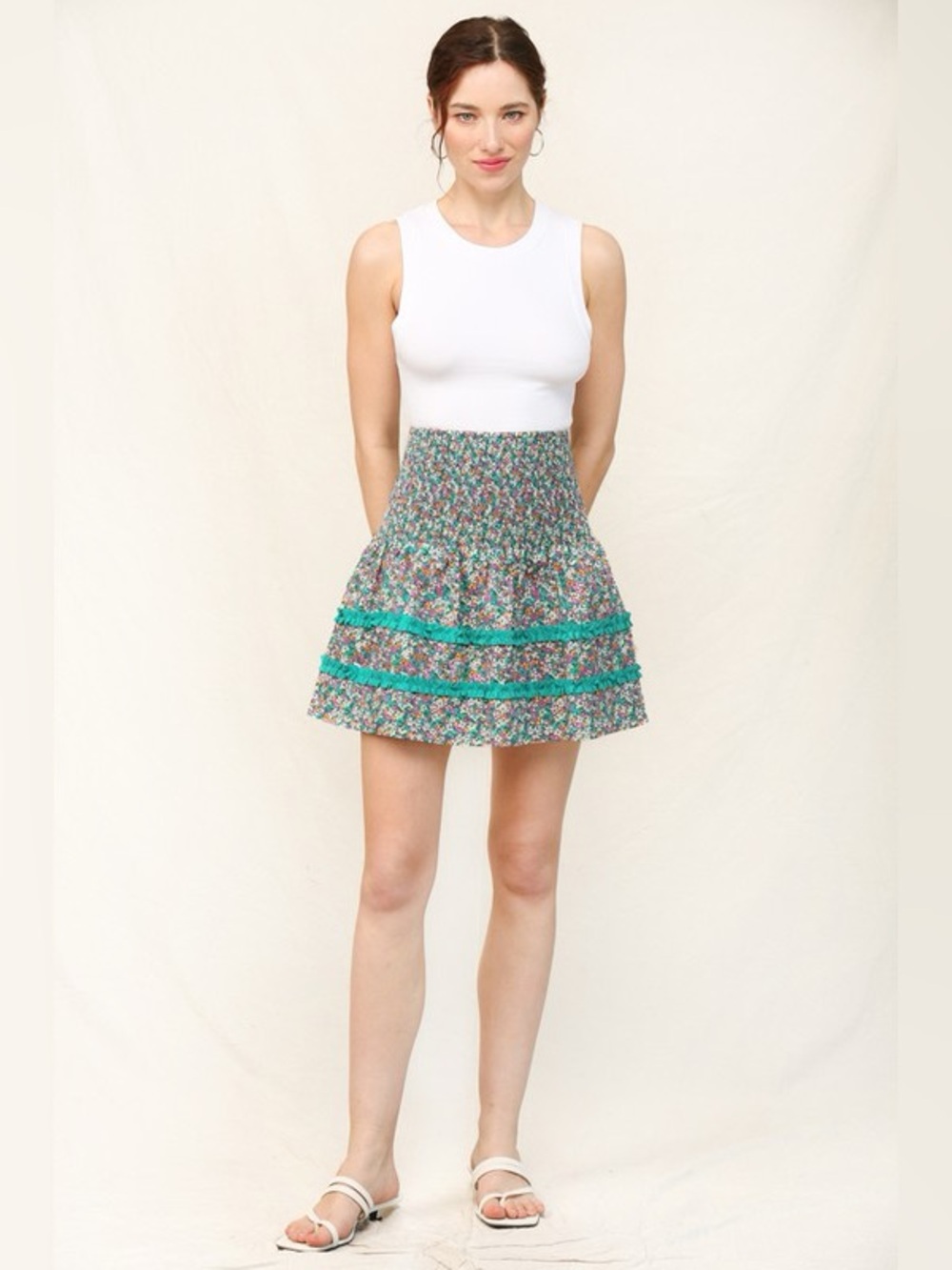 GiGio Floral Ruffle Mini Skirt Women’s Boutique Smocked Waist 100% Cotton L